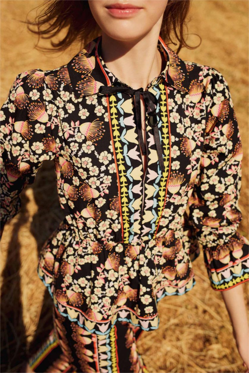 Kadın Siyah Lug Von Siga x DeFacto Oversize Desenli V Yaka Poplin Uzun Kollu Bluz