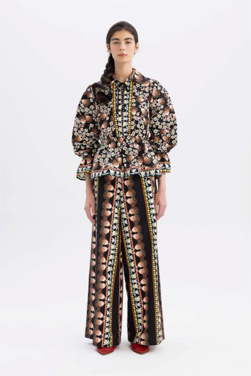 Kadın Siyah Lug Von Siga x DeFacto Oversize Desenli V Yaka Poplin Uzun Kollu Bluz