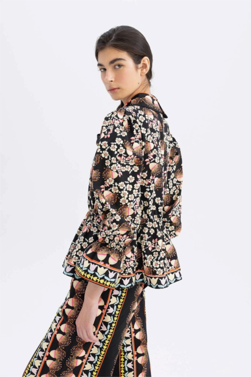 Kadın Siyah Lug Von Siga x DeFacto Oversize Desenli V Yaka Poplin Uzun Kollu Bluz