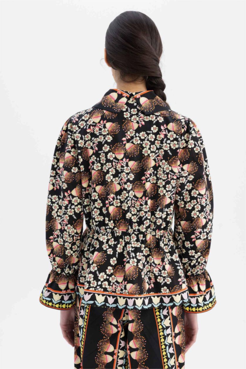 Kadın Siyah Lug Von Siga x DeFacto Oversize Desenli V Yaka Poplin Uzun Kollu Bluz