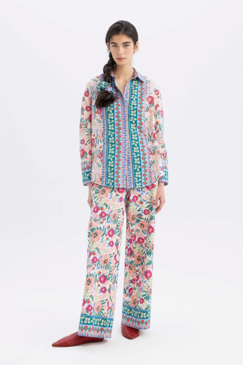 Kadın Kırık Beyaz Lug Von Siga x DeFacto Desenli Poplin Uzun Kollu Gömlek