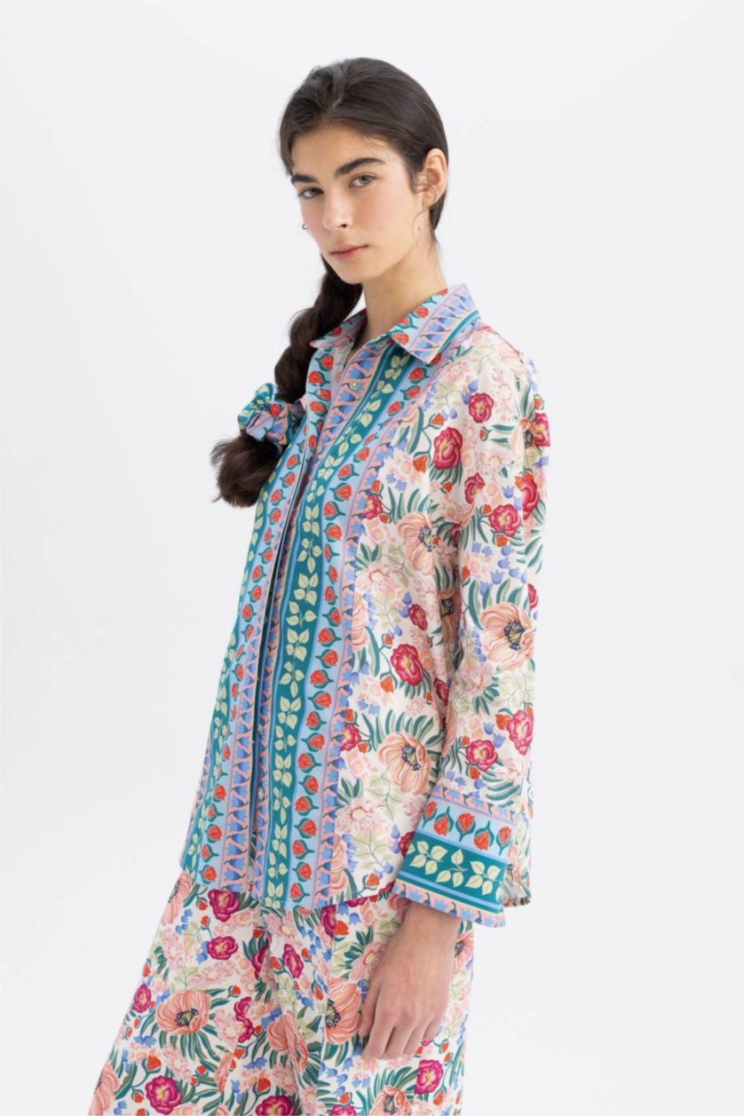 Kadın Kırık Beyaz Lug Von Siga x DeFacto Desenli Poplin Uzun Kollu Gömlek