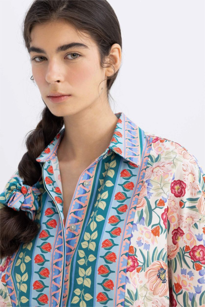 Kadın Kırık Beyaz Lug Von Siga x DeFacto Desenli Poplin Uzun Kollu Gömlek