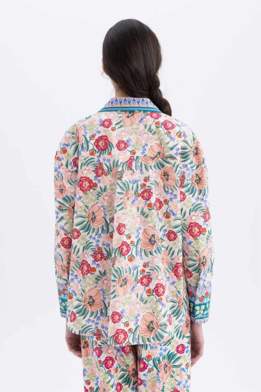 Kadın Kırık Beyaz Lug Von Siga x DeFacto Desenli Poplin Uzun Kollu Gömlek