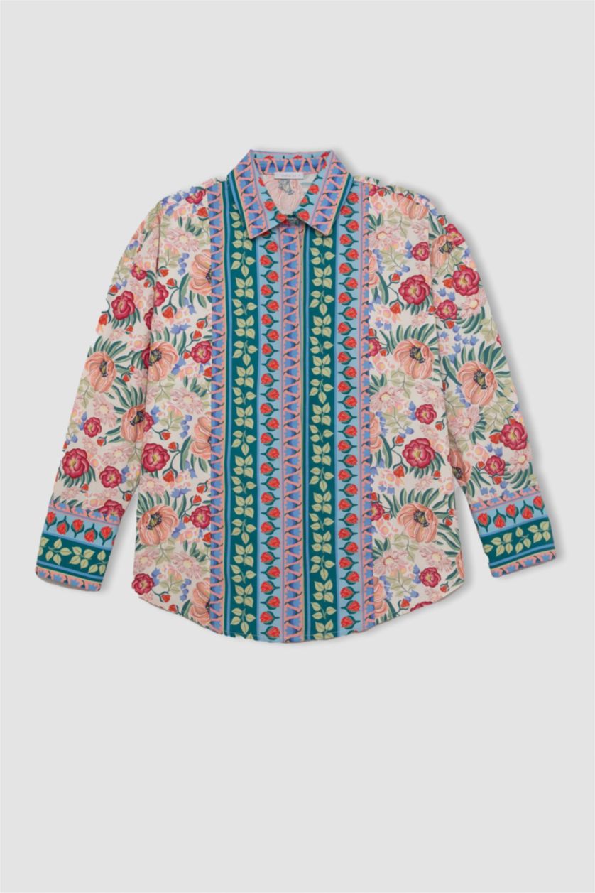 Kadın Kırık Beyaz Lug Von Siga x DeFacto Desenli Poplin Uzun Kollu Gömlek