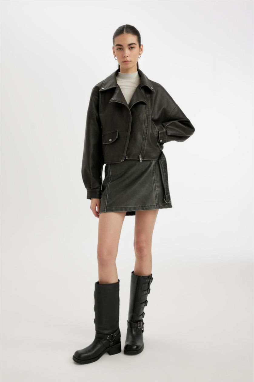 Grey Woman Zipper Faux Leather Jacket 3113684 | DeFacto