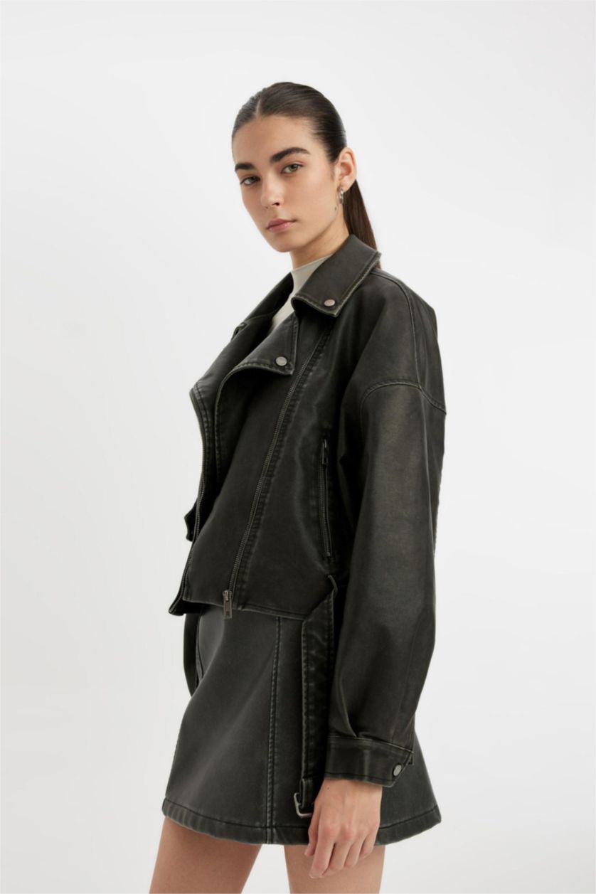 Grey Woman Zipper Faux Leather Jacket 3113684 | DeFacto