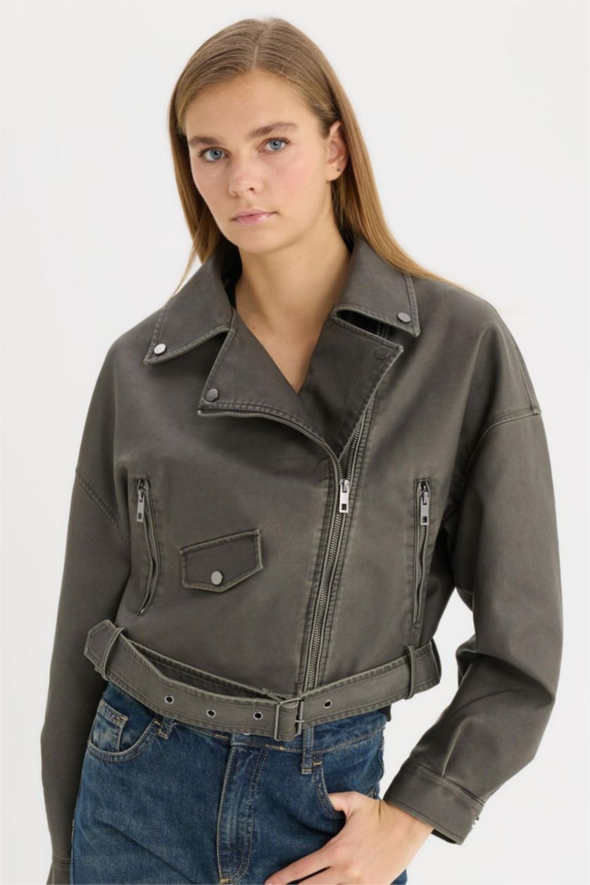 Woman Grey Zippered Closure Pocket Belted Waterproof Faux Leather Jacket