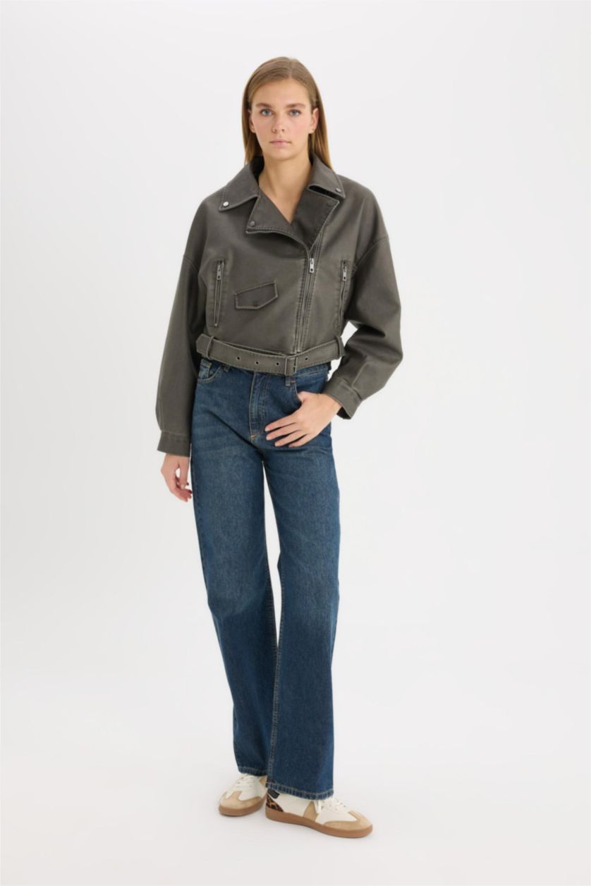 Woman Grey Zippered Closure Pocket Belted Waterproof Faux Leather Jacket