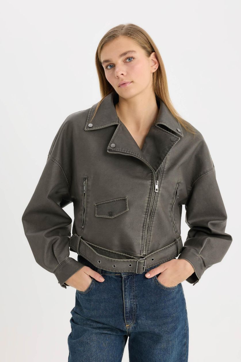 Woman Grey Zippered Closure Pocket Belted Waterproof Faux Leather Jacket