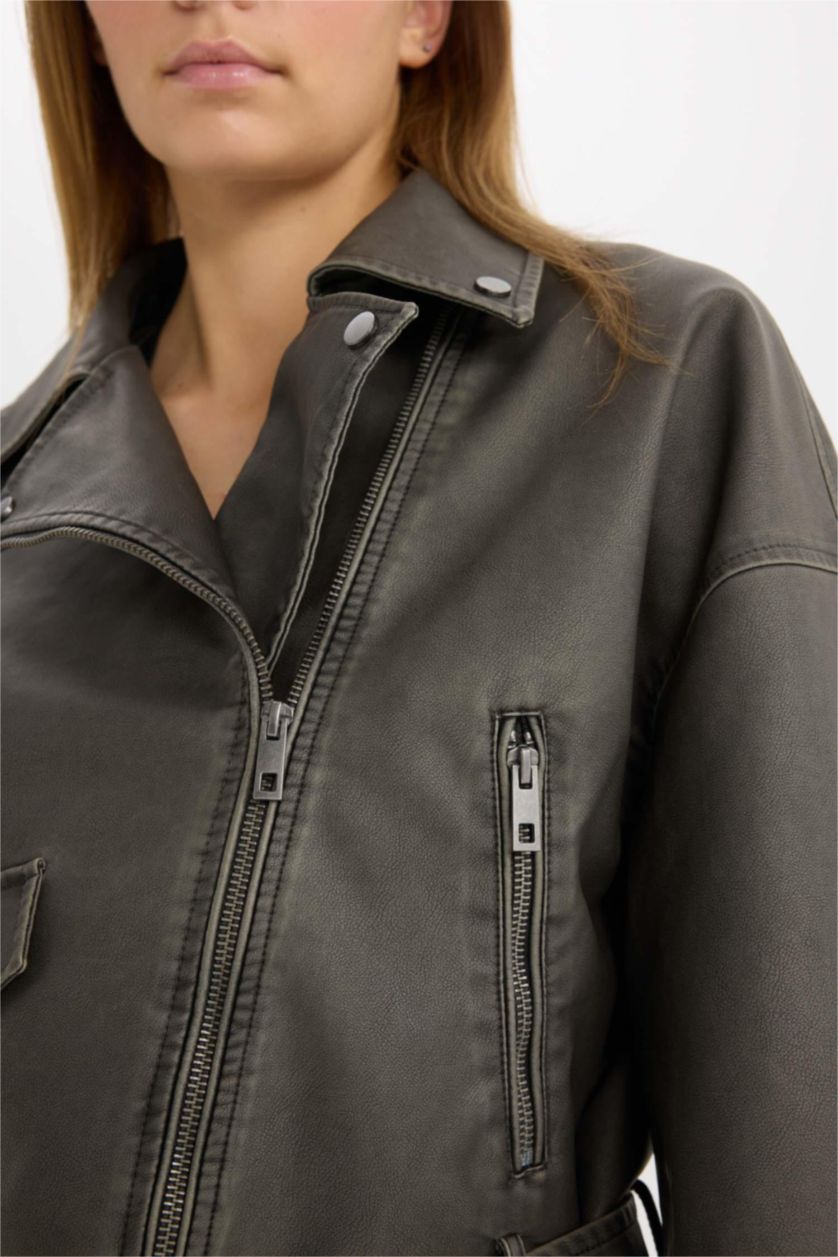 Woman Grey Zippered Closure Pocket Belted Waterproof Faux Leather Jacket