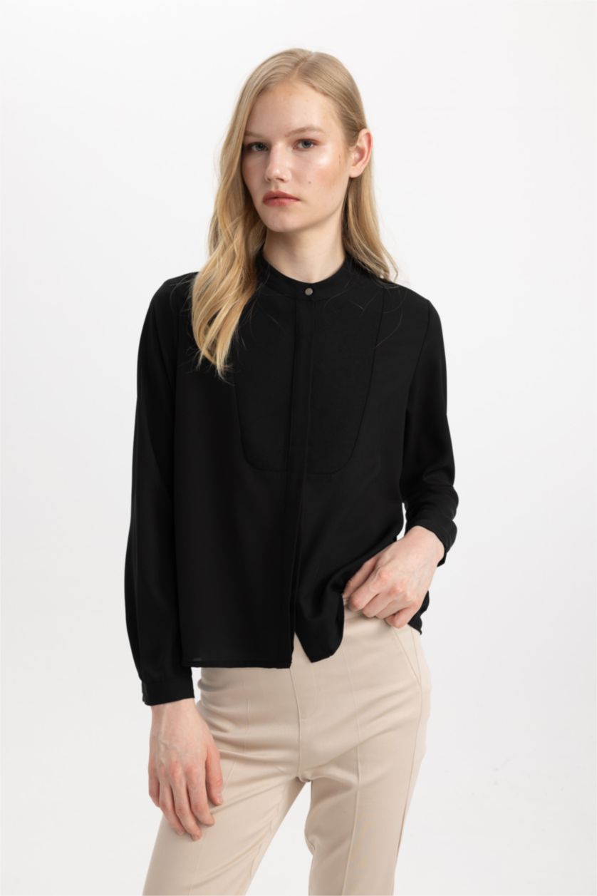 حريمي أسود بلوزة كم طويل كريب قصة عادية بياقة عالية