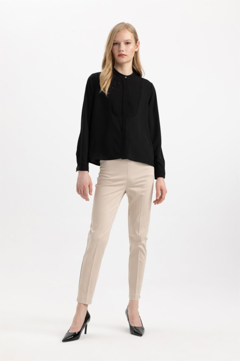 حريمي أسود بلوزة كم طويل كريب قصة عادية بياقة عالية