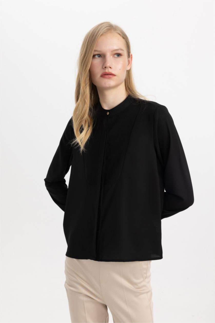 حريمي أسود بلوزة كم طويل كريب قصة عادية بياقة عالية