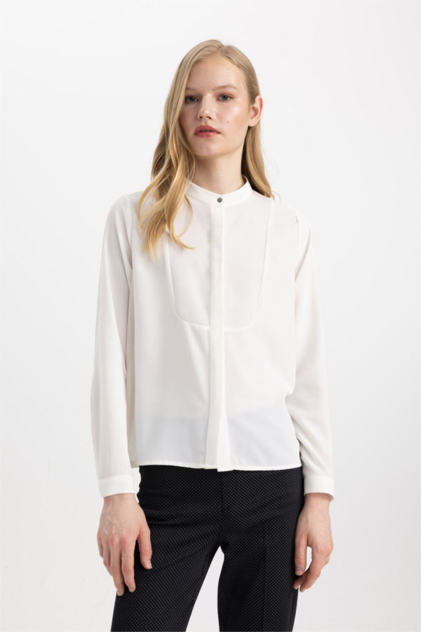 FEMME Blanc Blouse en crêpe à Coupe Régulière et Manches Longues