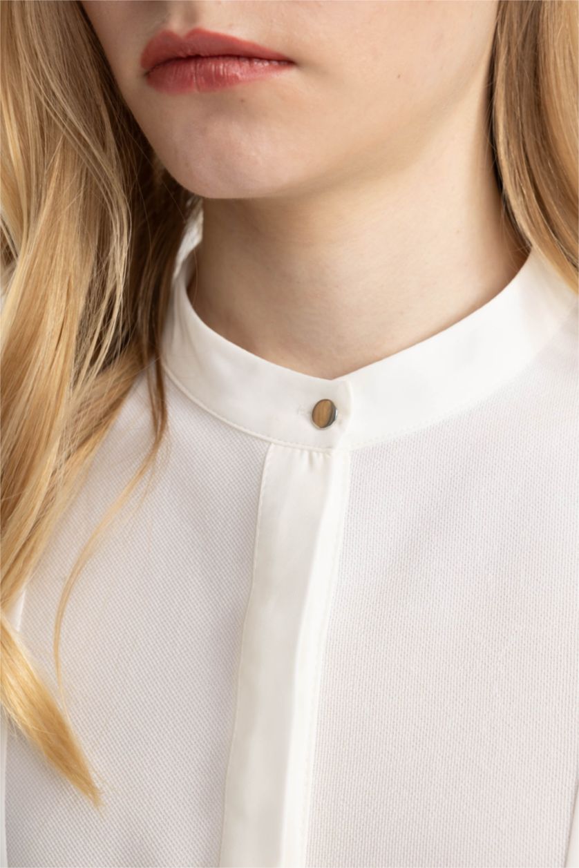 FEMME Blanc Blouse en crêpe à Coupe Régulière et Manches Longues