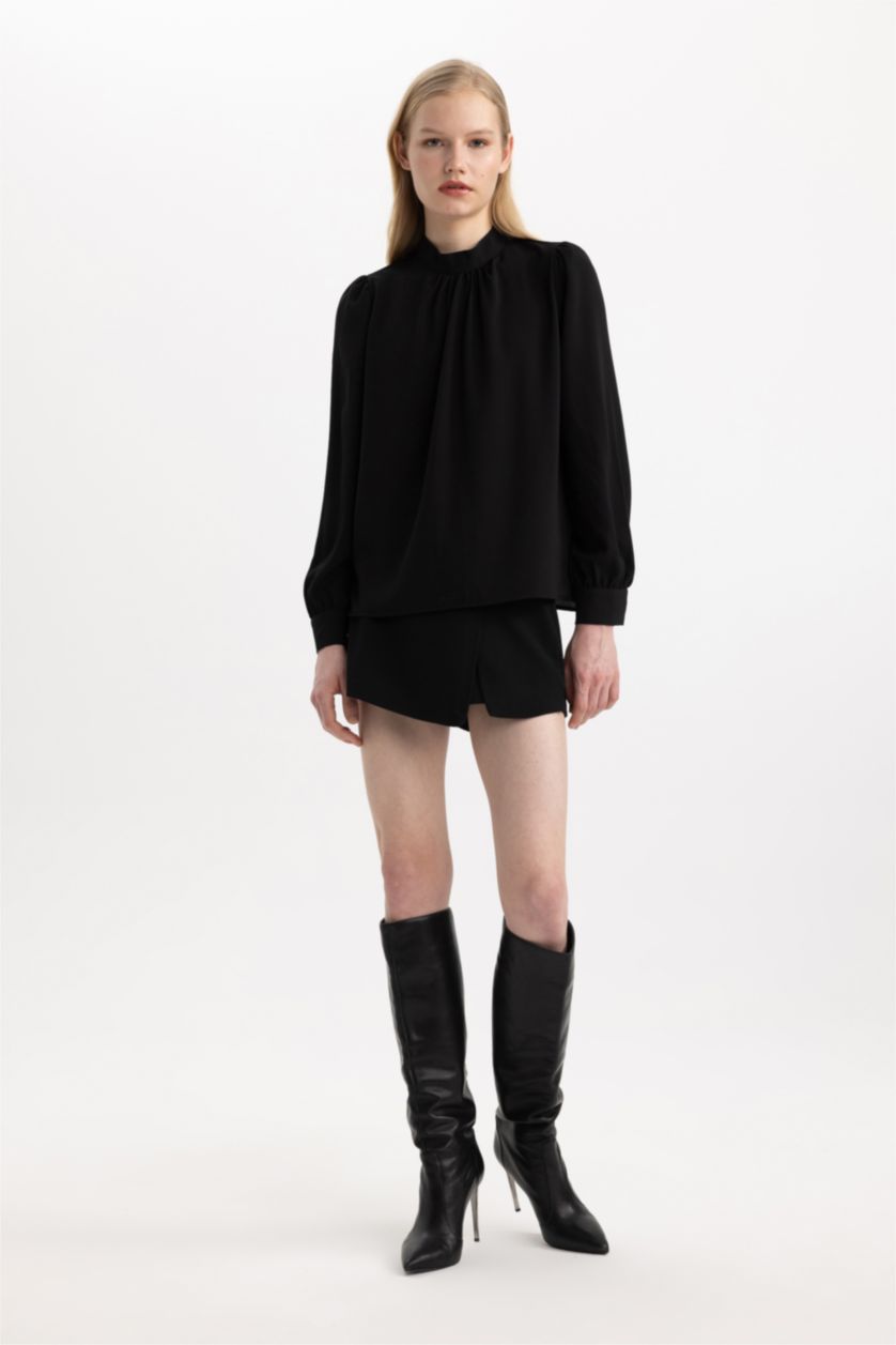 حريمي أسود بلوزة كم طويل قصة عادية بياقة عالية