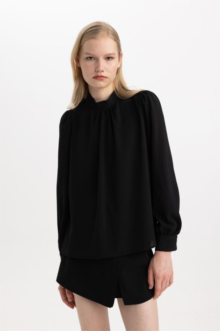 حريمي أسود بلوزة كم طويل قصة عادية بياقة عالية