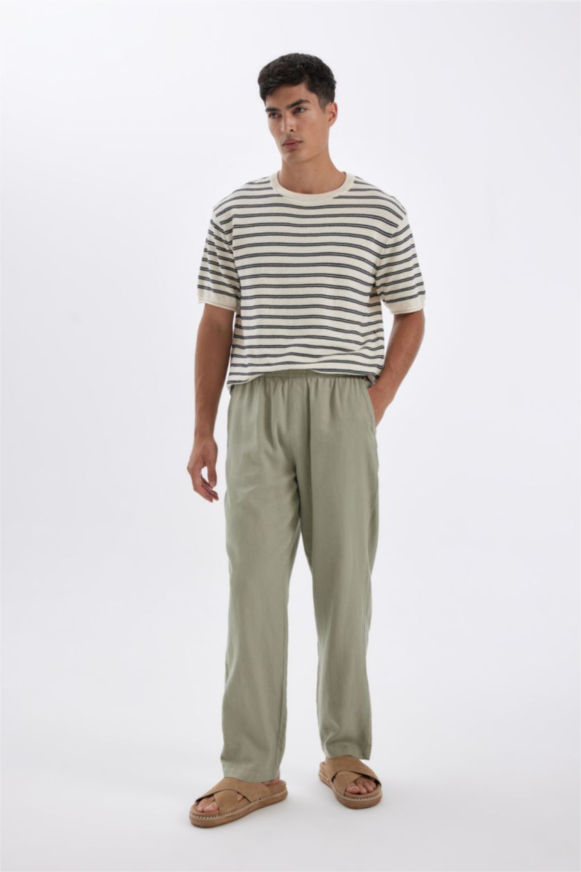 Erkek Yeşil Relax Fit Rahat Kesim Dar Paça Keten Karışımlı Yazlık Pantolon