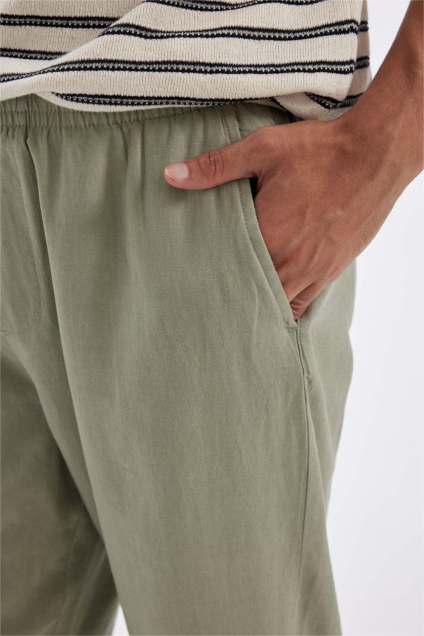 Erkek Yeşil Relax Fit Rahat Kesim Dar Paça Keten Karışımlı Yazlık Pantolon
