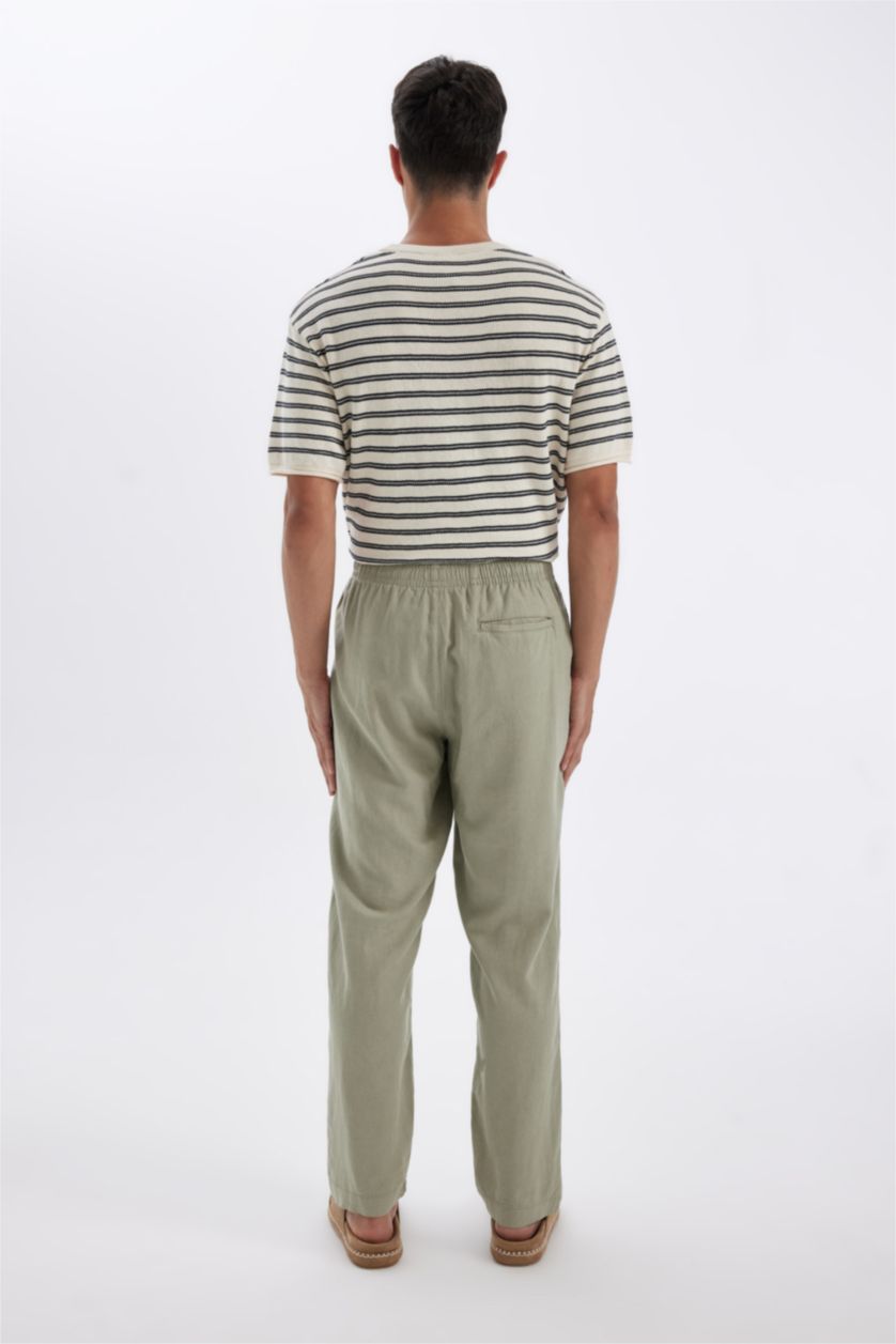Erkek Yeşil Relax Fit Rahat Kesim Dar Paça Keten Karışımlı Yazlık Pantolon