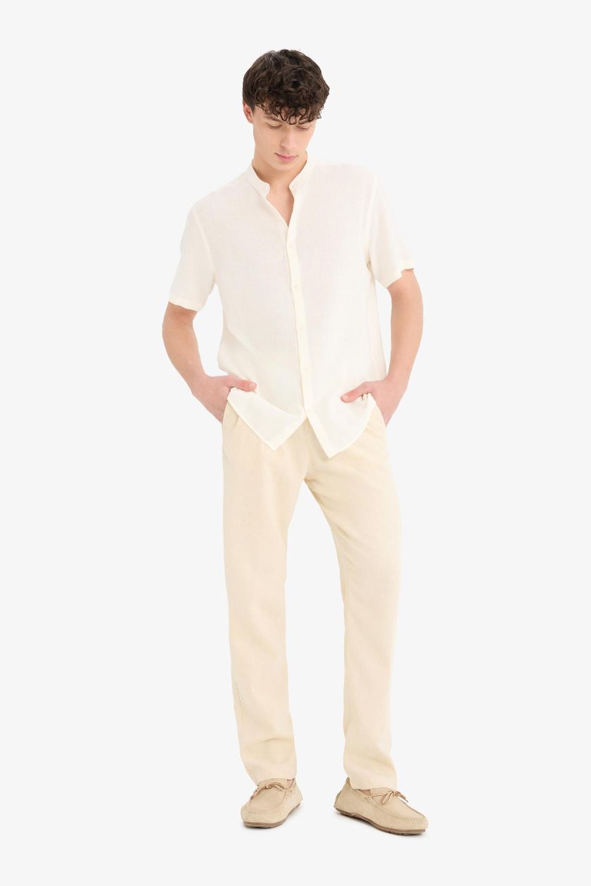 Man Doğal Açık Bej Relax Fit Skinny Leg Linen Blend Summer Trousers