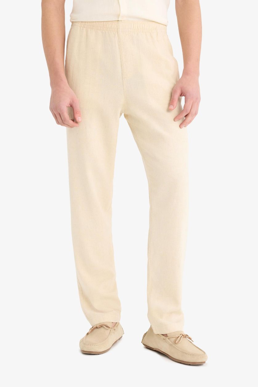 Man Doğal Açık Bej Relax Fit Skinny Leg Linen Blend Summer Trousers