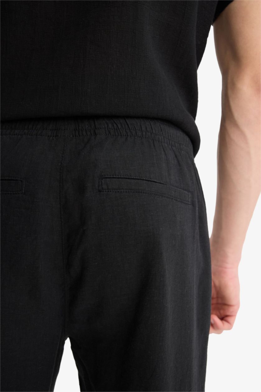 رجال أسود بنطرون صيفي قصة مريحة برجل ضيق من مزيج الكتان