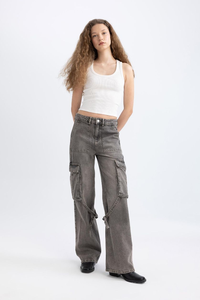 FEMME Gris Pantalon Jean Cargo Large à Taille Haute et Jambes Longues