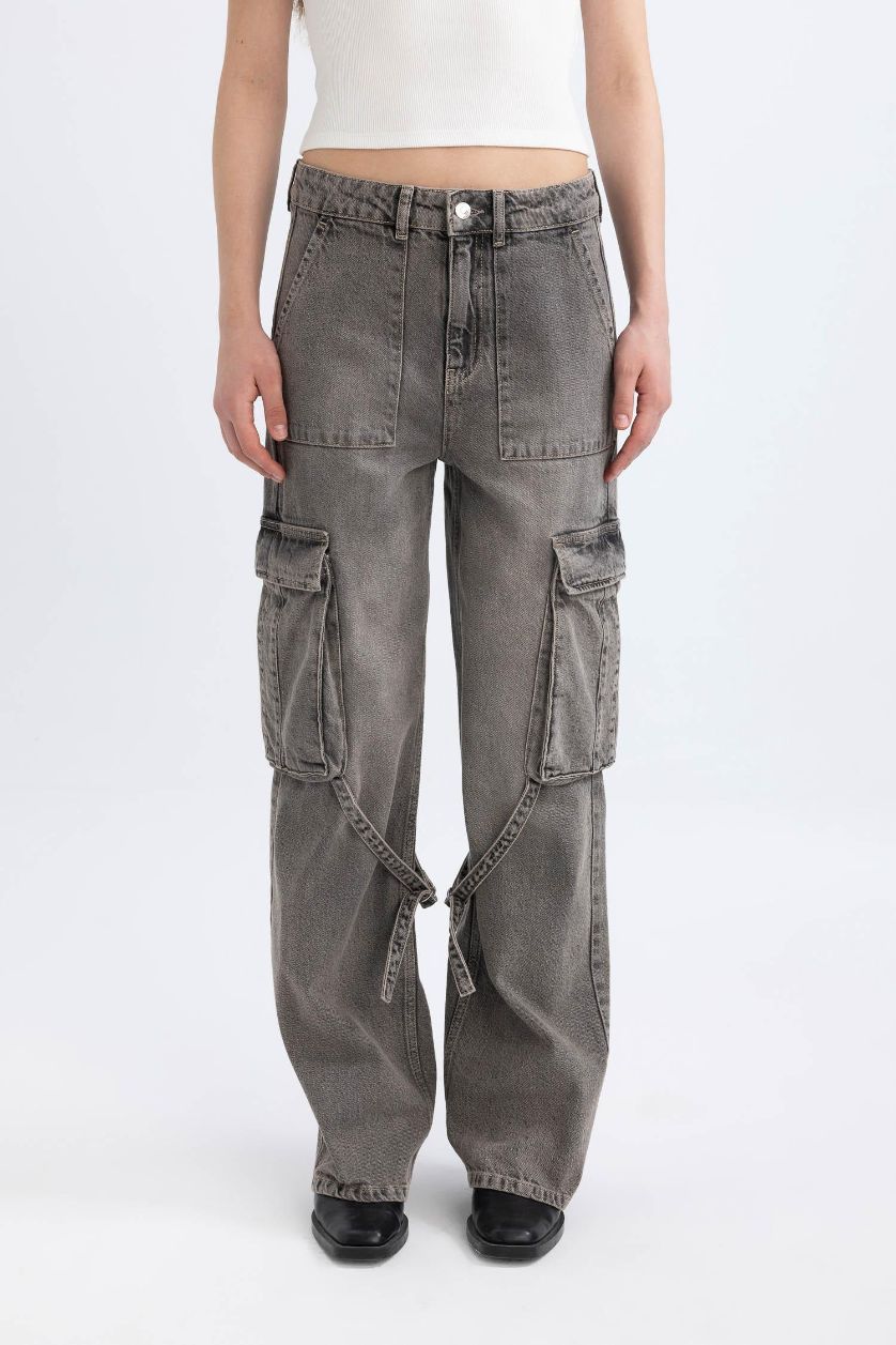 FEMME Gris Pantalon Jean Cargo Large à Taille Haute et Jambes Longues
