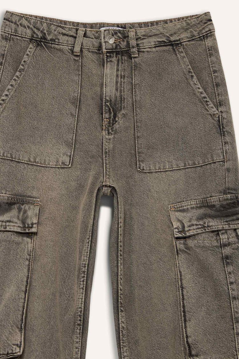 FEMME Gris Pantalon Jean Cargo Large à Taille Haute et Jambes Longues