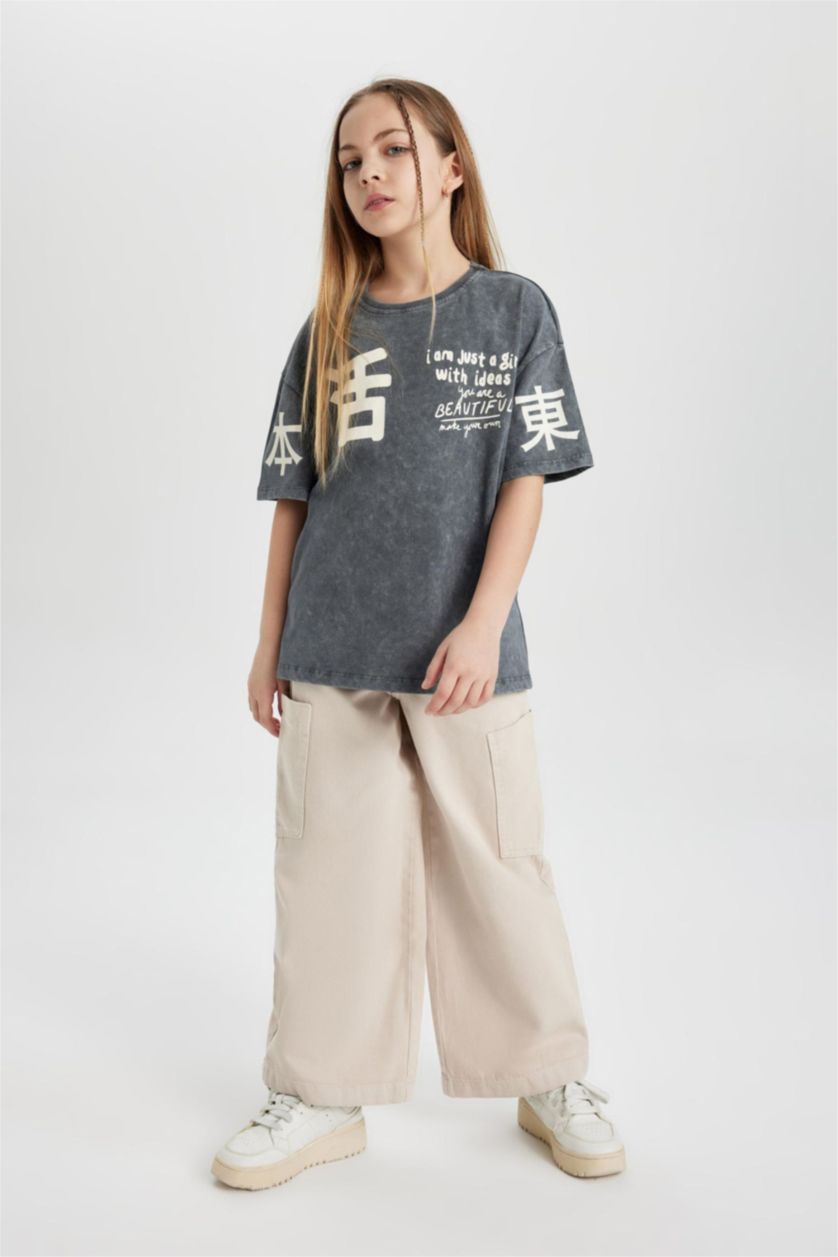 GIRLS & TEENS Anthracite Girl Relax Fit Printed Washable Short Sleeve T-Shirt