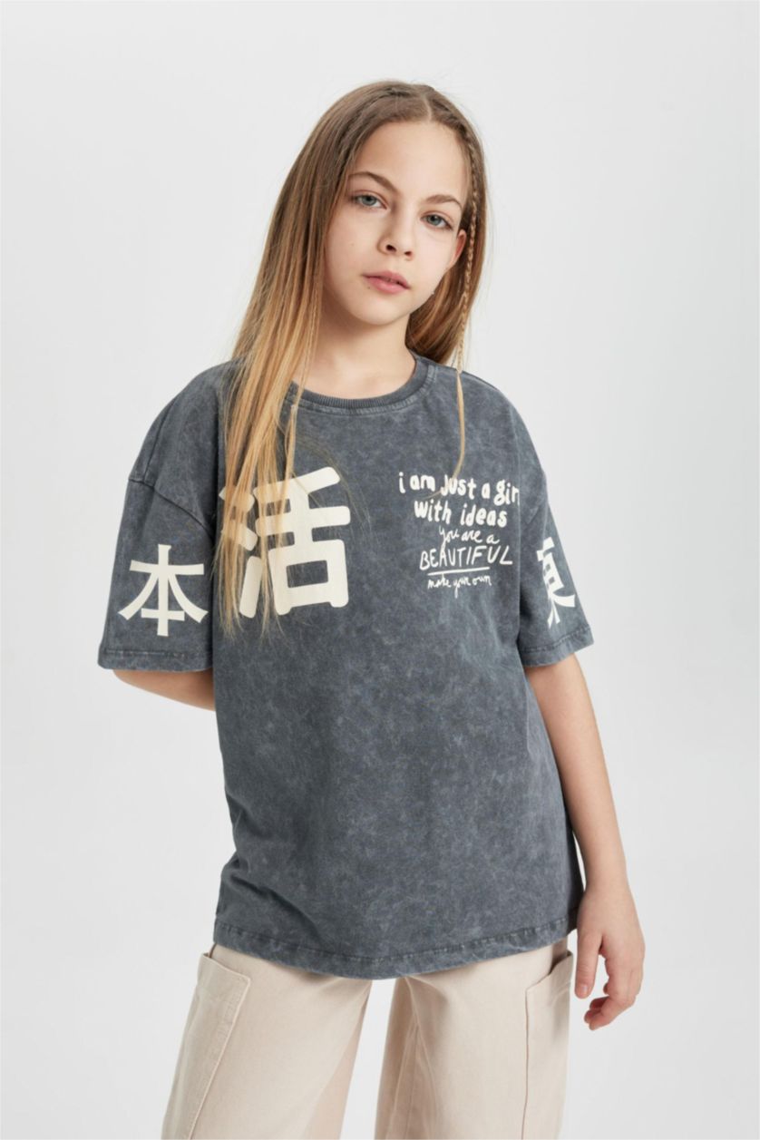 GIRLS & TEENS Anthracite Girl Relax Fit Printed Washable Short Sleeve T-Shirt