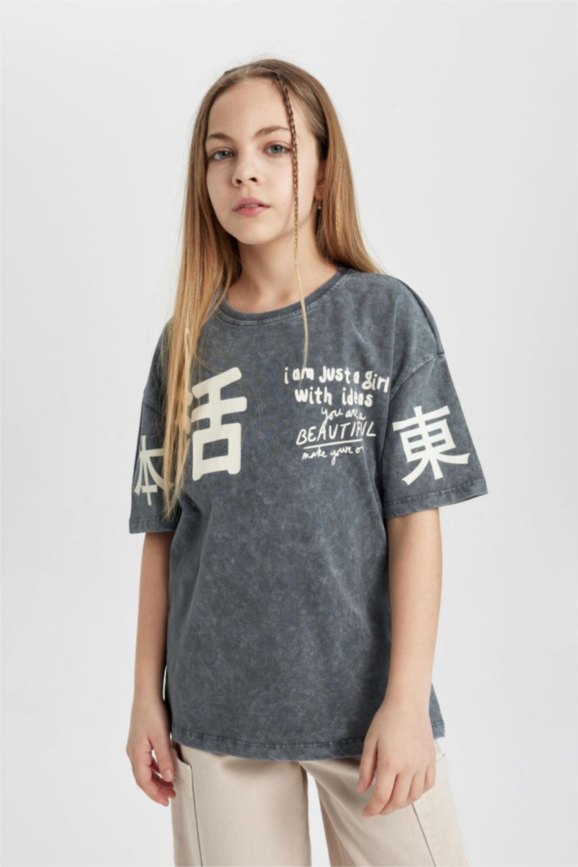 GIRLS & TEENS Anthracite Girl Relax Fit Printed Washable Short Sleeve T-Shirt