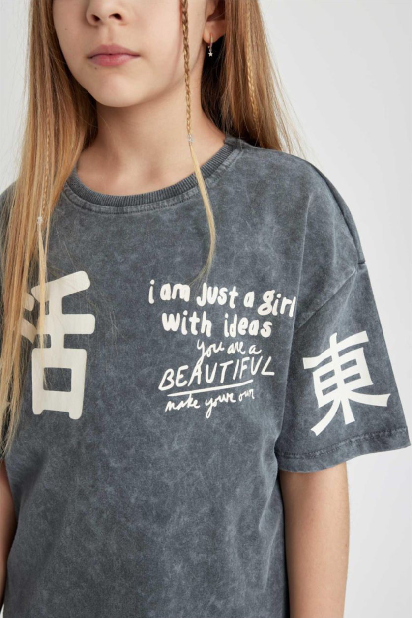 GIRLS & TEENS Anthracite Girl Relax Fit Printed Washable Short Sleeve T-Shirt