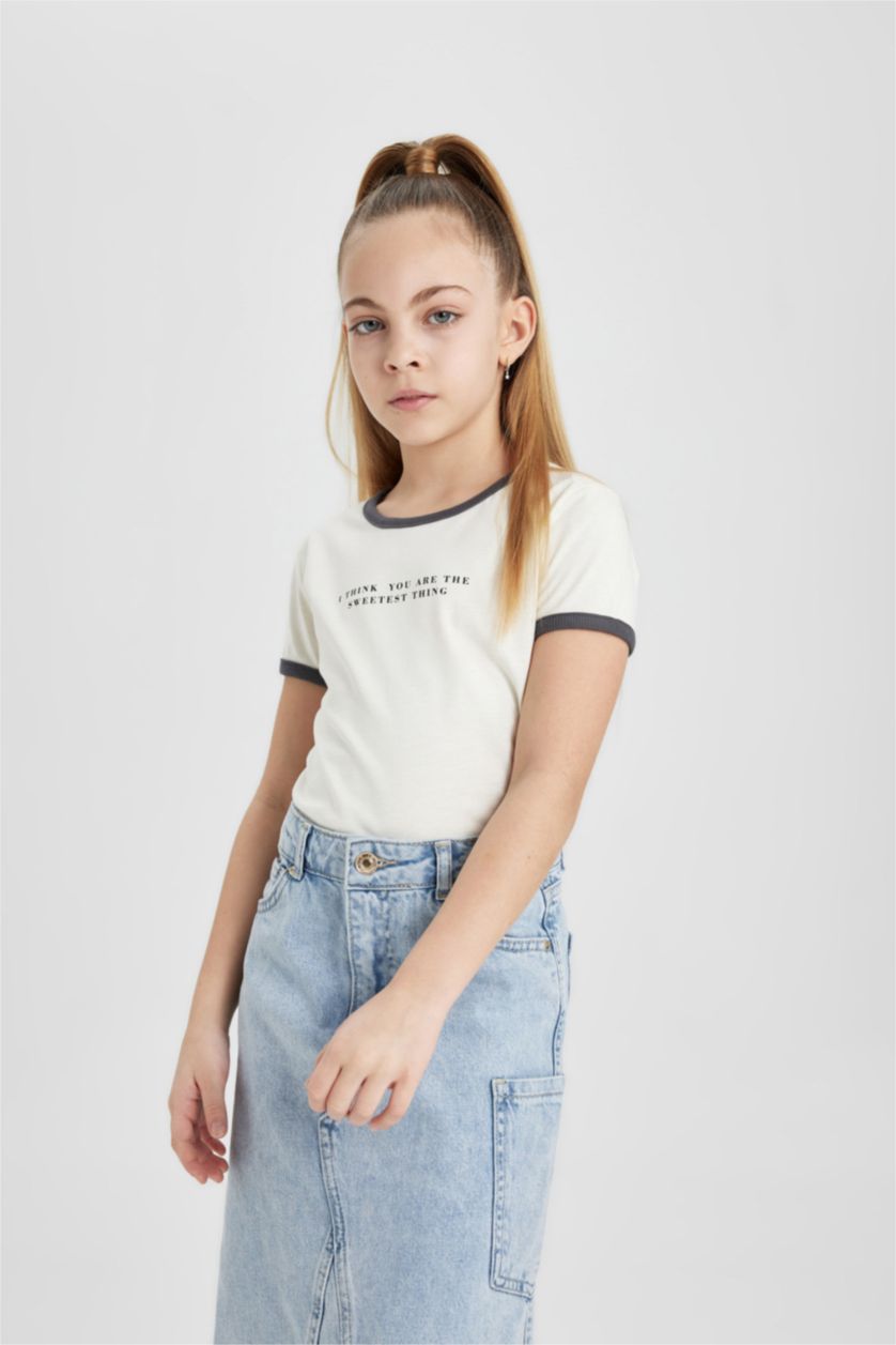 GIRLS & TEENS Ecru Girl Crop Slogan Printed Short Sleeve T-Shirt