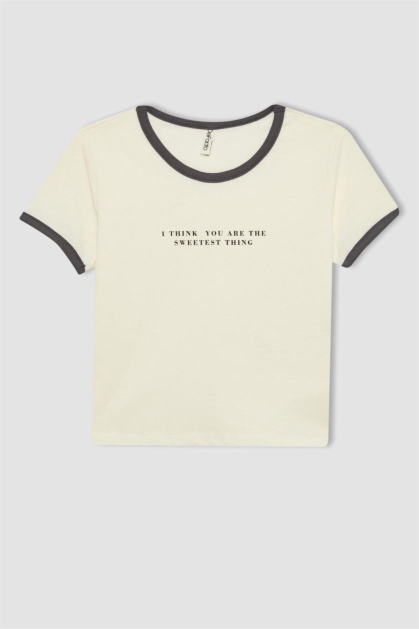 GIRLS & TEENS Ecru Girl Crop Slogan Printed Short Sleeve T-Shirt