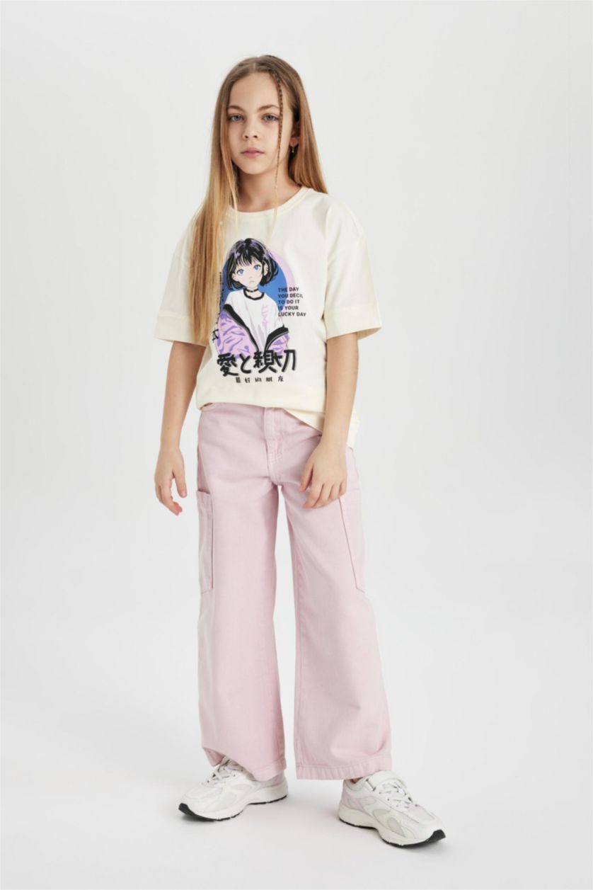 Kız Çocuk - Genç Kız Ekru Kız Çocuk Oversize Geniş Kalıp Bisiklet Yaka Baskılı Kısa Kollu Tişört