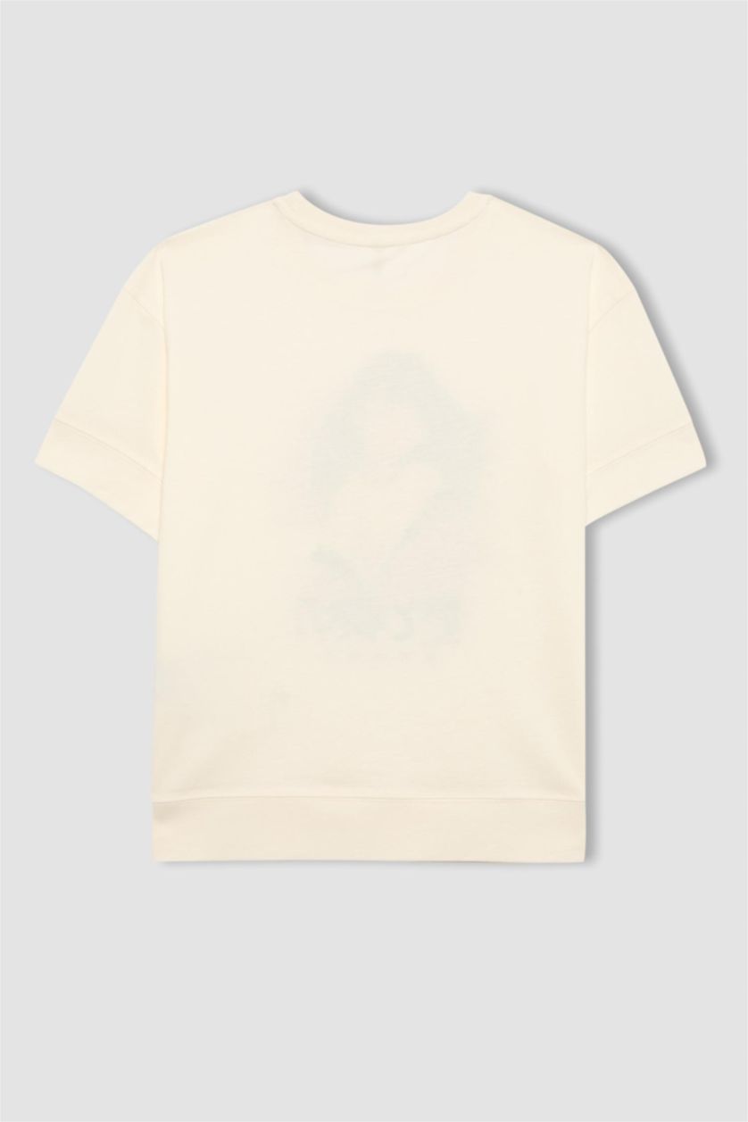 Kız Çocuk - Genç Kız Ekru Kız Çocuk Oversize Geniş Kalıp Bisiklet Yaka Baskılı Kısa Kollu Tişört