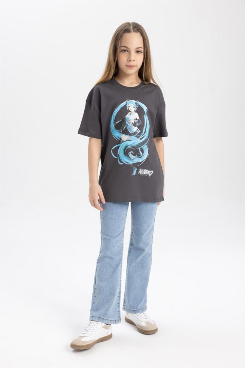Kız Çocuk - Genç Kız Antrasit Hatsune Miku Oversize Geniş Kalıp Bisiklet Yaka Kısa Kollu Tişört Kız Çocuk