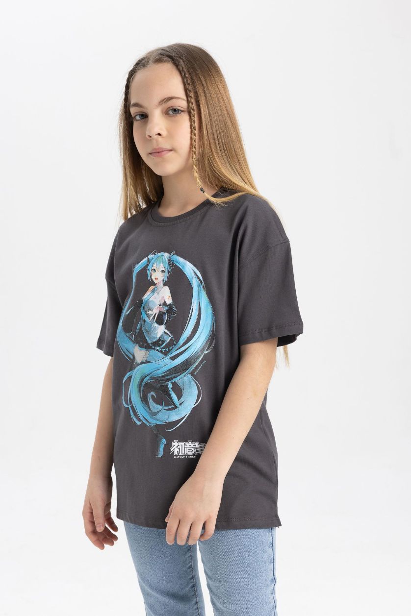 Kız Çocuk - Genç Kız Antrasit Hatsune Miku Oversize Geniş Kalıp Bisiklet Yaka Kısa Kollu Tişört Kız Çocuk