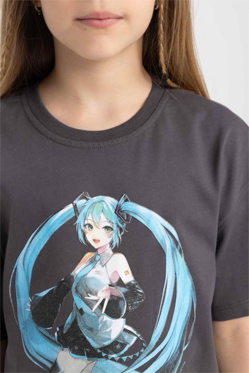 Kız Çocuk - Genç Kız Antrasit Hatsune Miku Oversize Geniş Kalıp Bisiklet Yaka Kısa Kollu Tişört Kız Çocuk