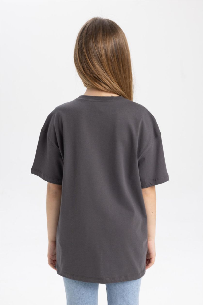 Kız Çocuk - Genç Kız Antrasit Hatsune Miku Oversize Geniş Kalıp Bisiklet Yaka Kısa Kollu Tişört Kız Çocuk