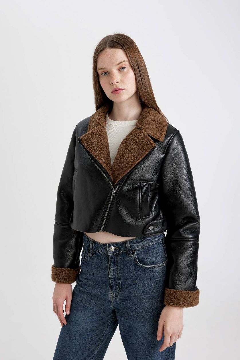 Kadın Siyah Su Geçirmez Regular Kalıp Fermuarlı İçi Suni Kürklü Kısa Suni Deri Mont