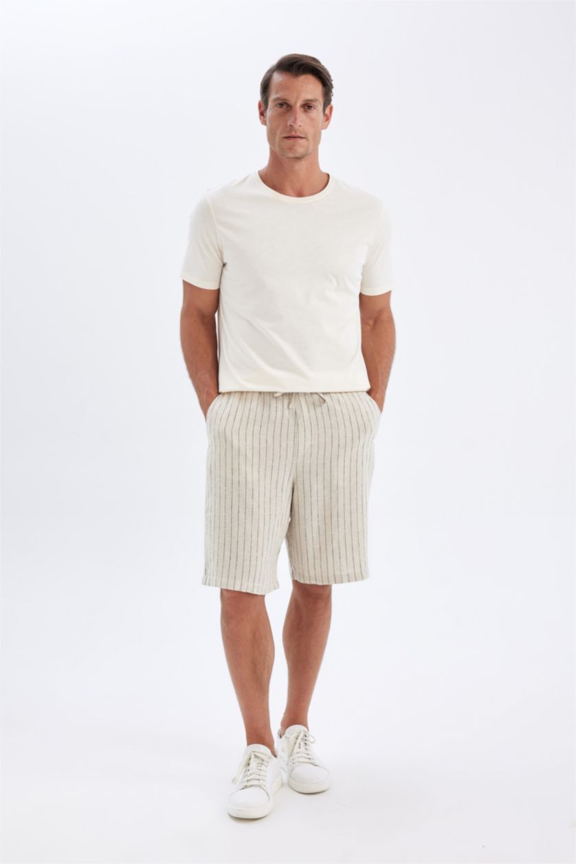 Man Doğal Açık Bej Relax Fit Linen Blend Bermuda Shorts
