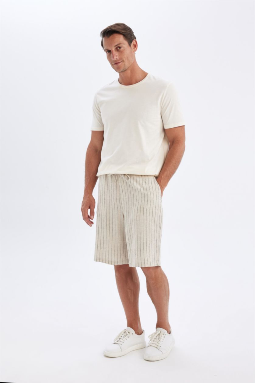 Man Doğal Açık Bej Relax Fit Linen Blend Bermuda Shorts