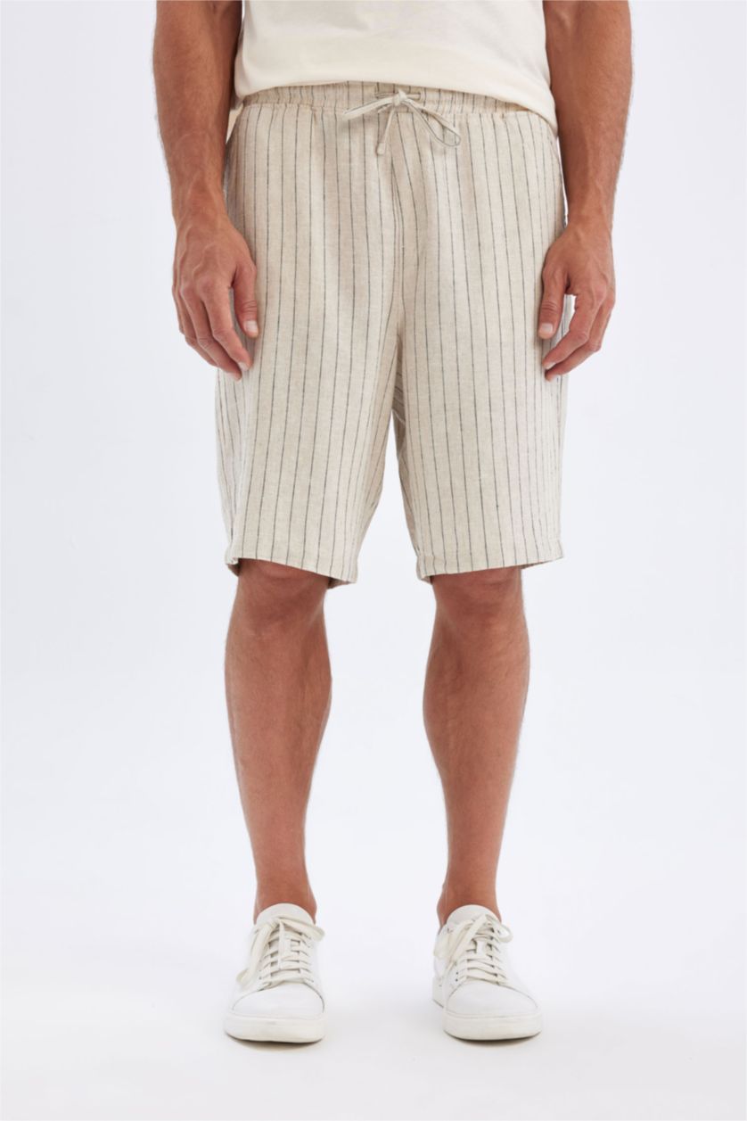 Man Doğal Açık Bej Relax Fit Linen Blend Bermuda Shorts