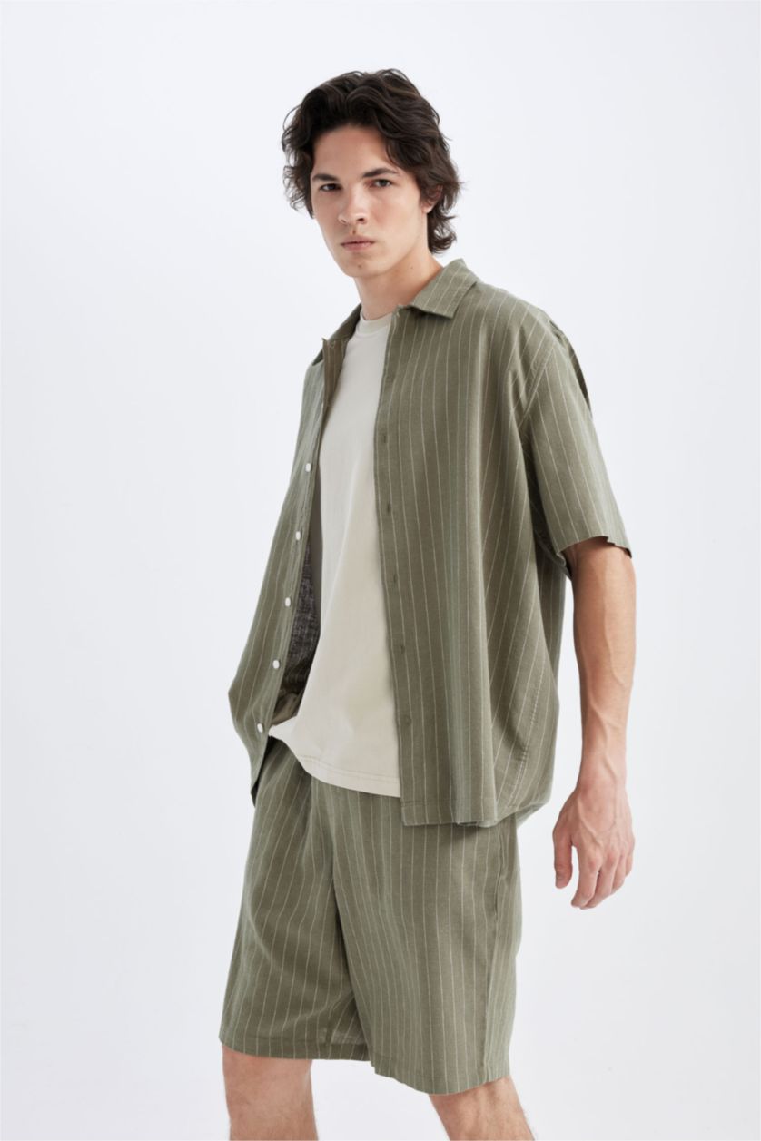 Erkek Haki Relax Fit Keten Karışımlı Yazlık Bermuda Şort