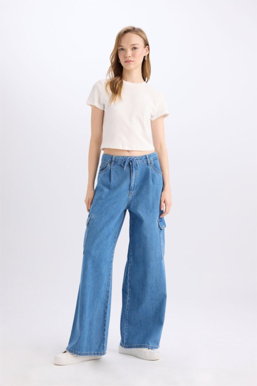 FEMME Bleu Pantalon Jean Cargo large Taille haute
