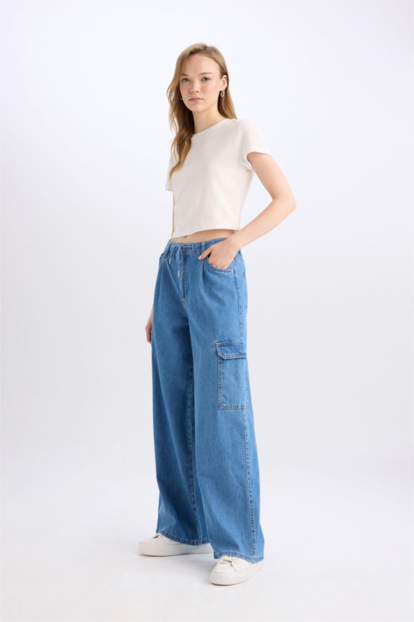 FEMME Bleu Pantalon Jean Cargo large Taille haute